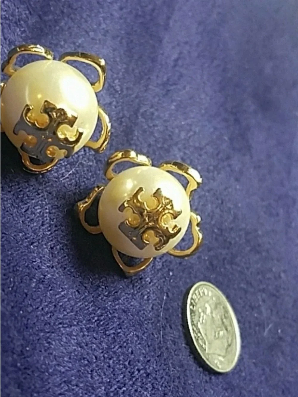 Tory Burch Gold-Tone Logo Pearl Flower Stud Earrings
